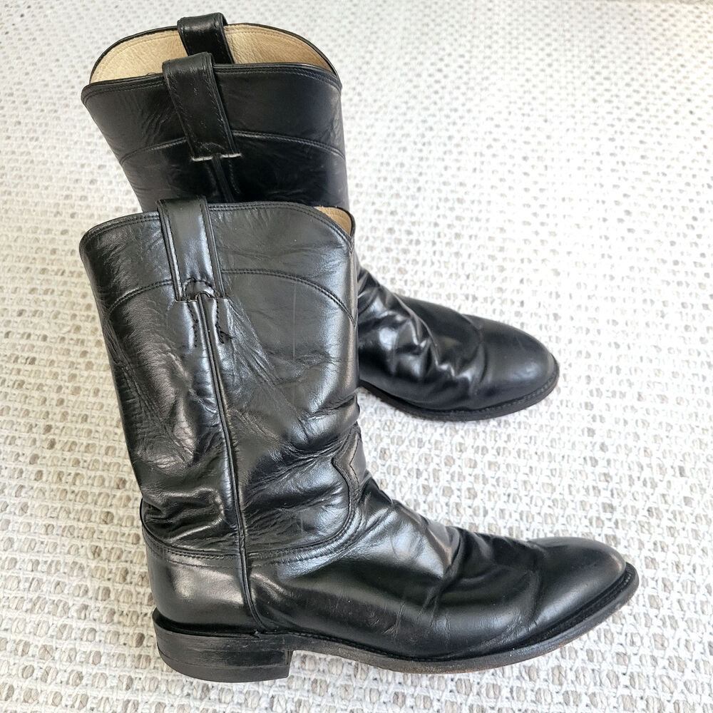 Vintage Justin Black Leather Cowboy Boots Men 8.5 Womens 10 Mid Calf Western